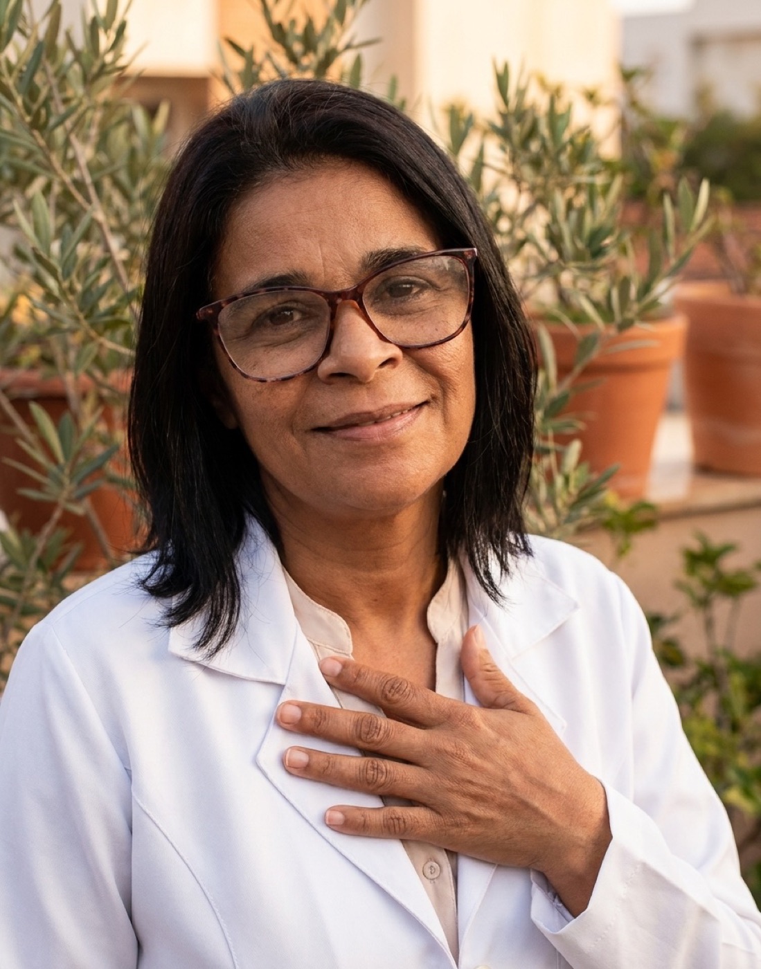 Maria de Fátima em retrato caloroso, a mão no peito