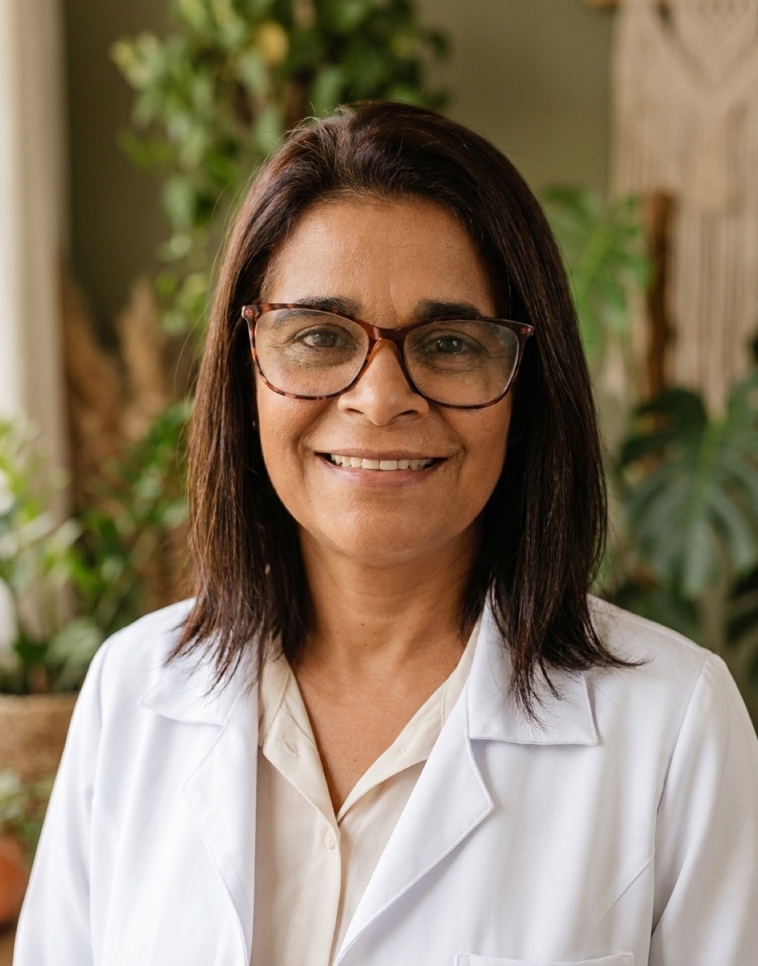 Retrato de Maria de Fátima, naturopata, sorrindo em meio a plantas e ervas