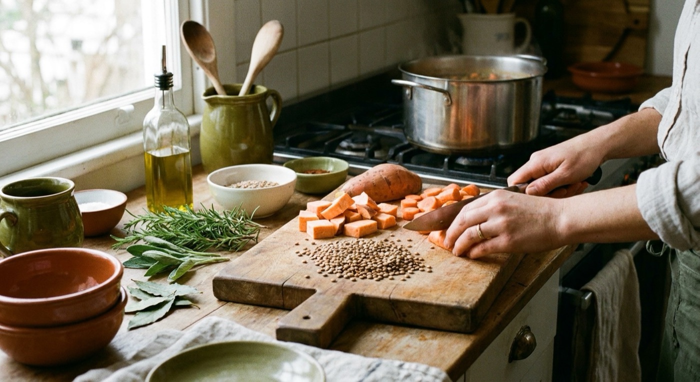 Preparo da sopa de lentilha com batata-doce e cúrcuma na cozinha