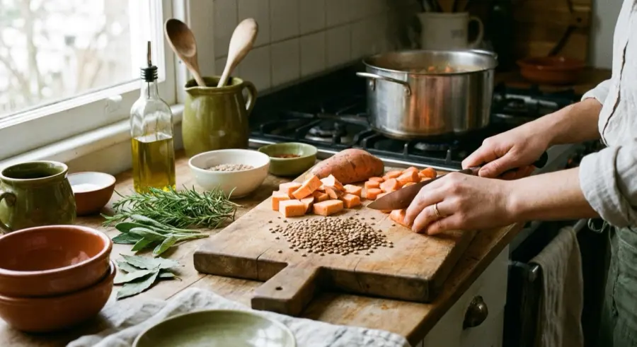 Preparo da sopa de lentilha com batata-doce e cúrcuma na cozinha