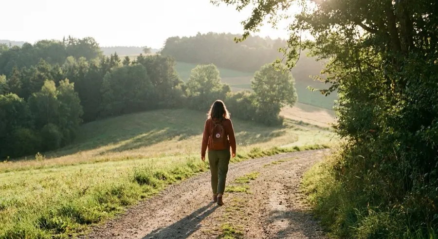 Maria de Fátima caminhando ao ar livre de manhã, num campo — o corpo em movimento