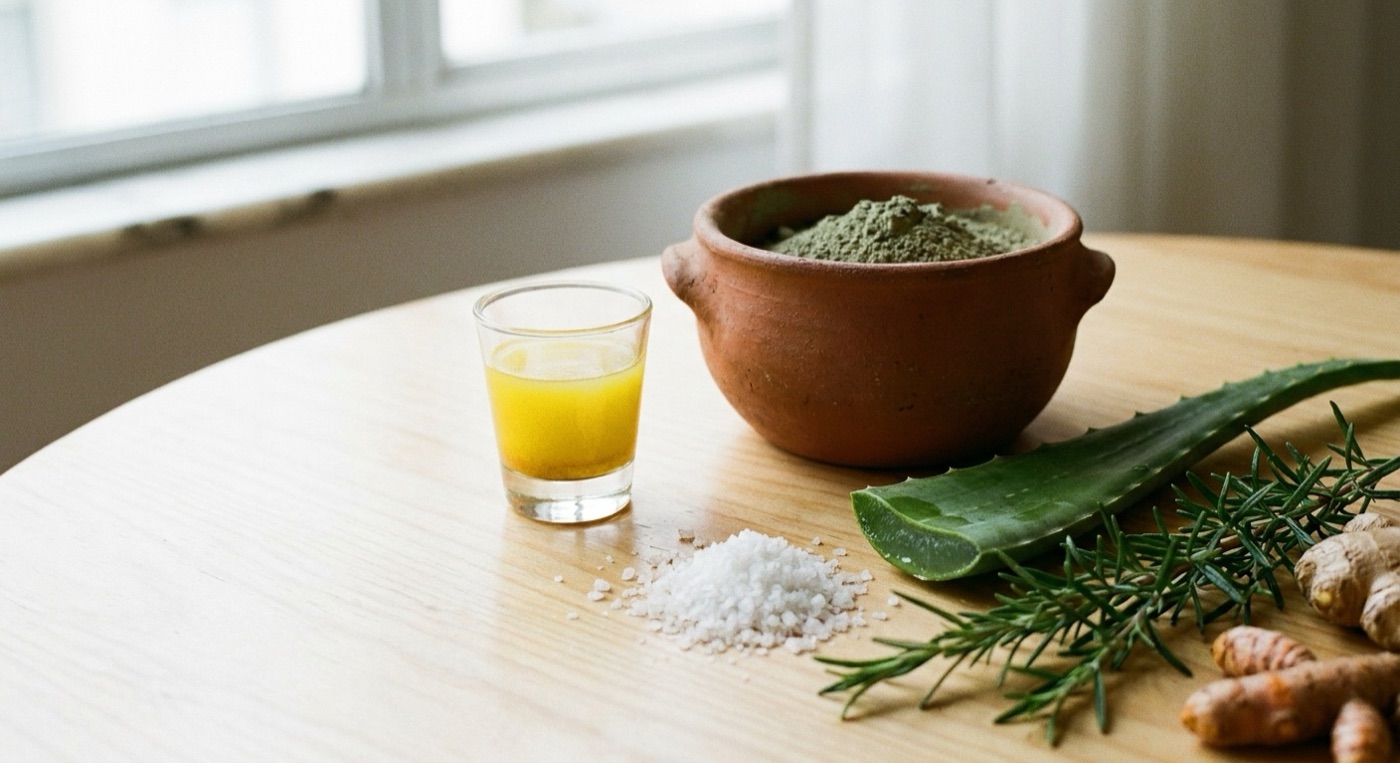 Shot matinal de limão, cúrcuma e gengibre ao lado da argila da terra