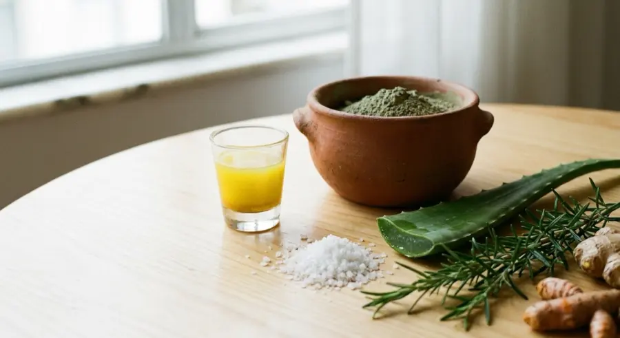 Shot matinal de limão, cúrcuma e gengibre ao lado da argila da terra
